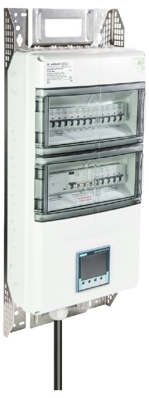 Electrical consumer unit with two transparent covers and a digital display underneath, mounted on a metal wall bracket.