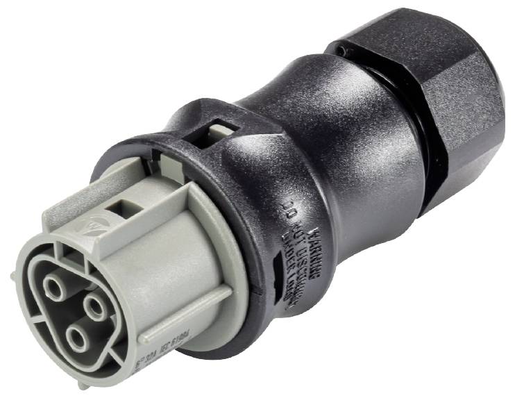 A black, cylindrical plug with four metal pins and a knurled grip. Suitable for industrial wiring.