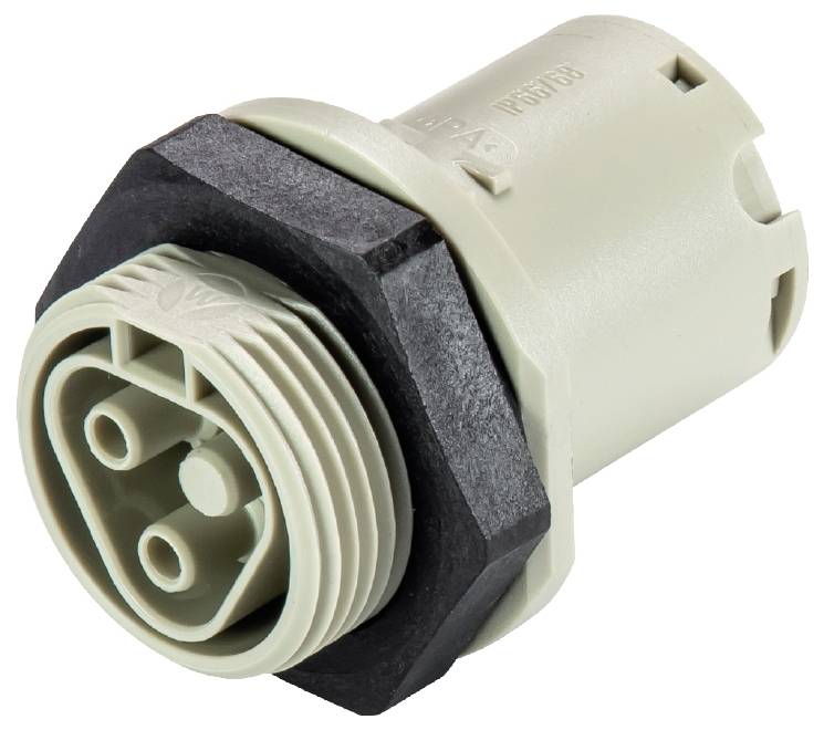 A circular connector housing with multi-pole connection and knurled plastic screw. Suitable for industrial applications.