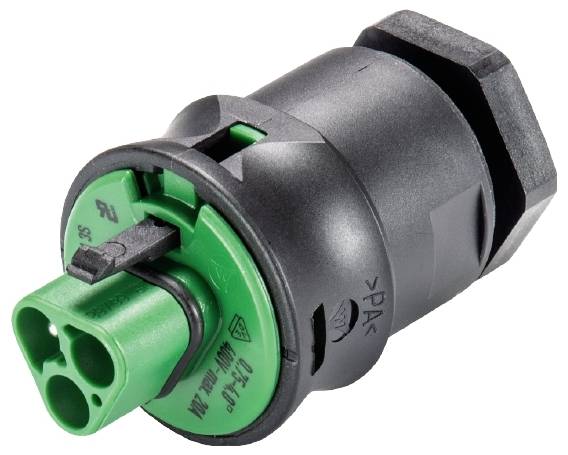 A black and green two-pole electrical plug, suitable for connecting cables in various electrical applications.
