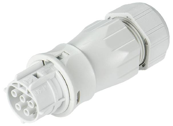 A white, cylindrical electrical connector with multiple contact pins, designed for robust applications.