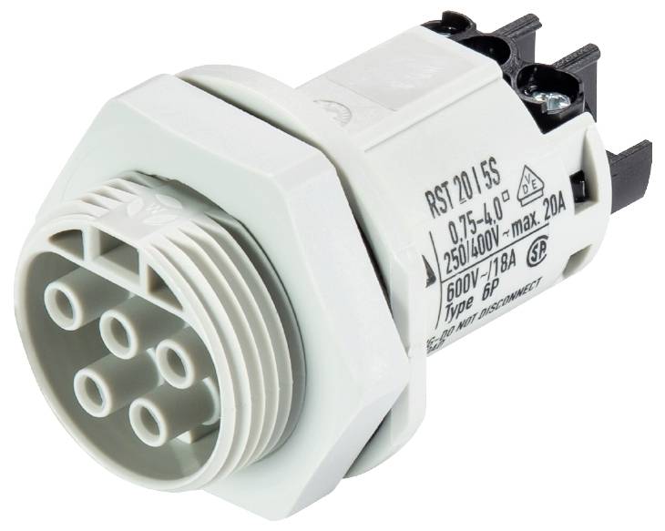A white, round electrical connector with six circular socket slots, viewed from the side. Labelled with specifications such as 250V, 20A.