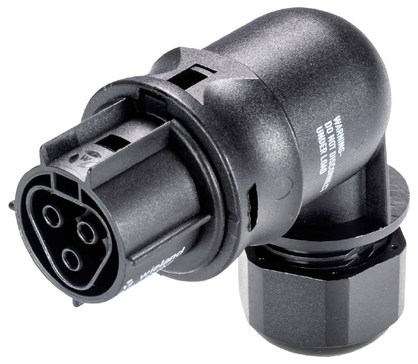 Socket with four holes and 'Warning' inscription. Black, curved design.