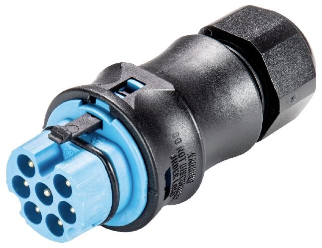 Industrial connector with blue, six-pin connection, suitable for use in robust industrial environments.