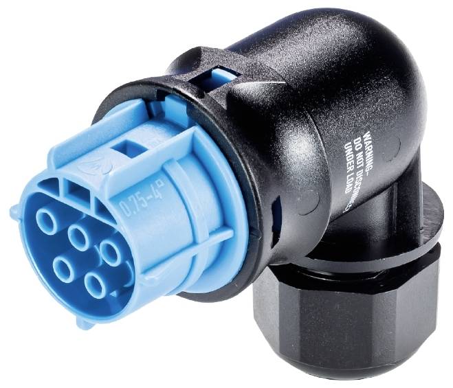 Blue-black electrical connector with multiple pins. Predominantly used in technical applications for cable connection.