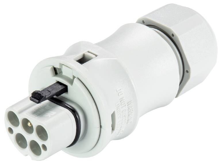 A white electrical plug adapter with multiple connection points, suitable for industrial applications.