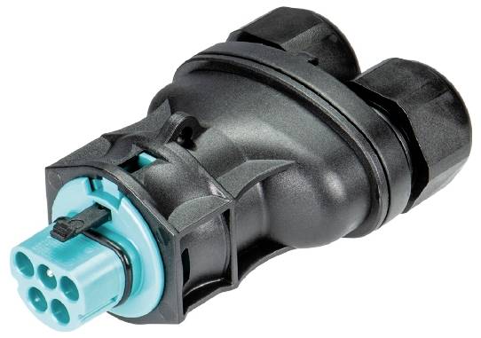 Black plastic plug with two connectors and a turquoise-coloured connector head on a white background.