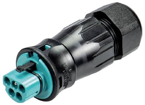 Black and green electrical plug for industrial applications, with multiple pins for cable connection.