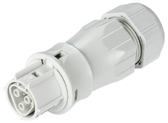 A white, cylindrical electrical connector, suitable for industrial applications, with multiple contact pins.