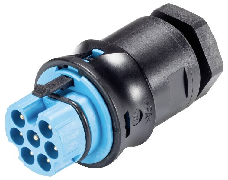 A black and blue plastic electrical plug with six pins, laid out on a white surface.
