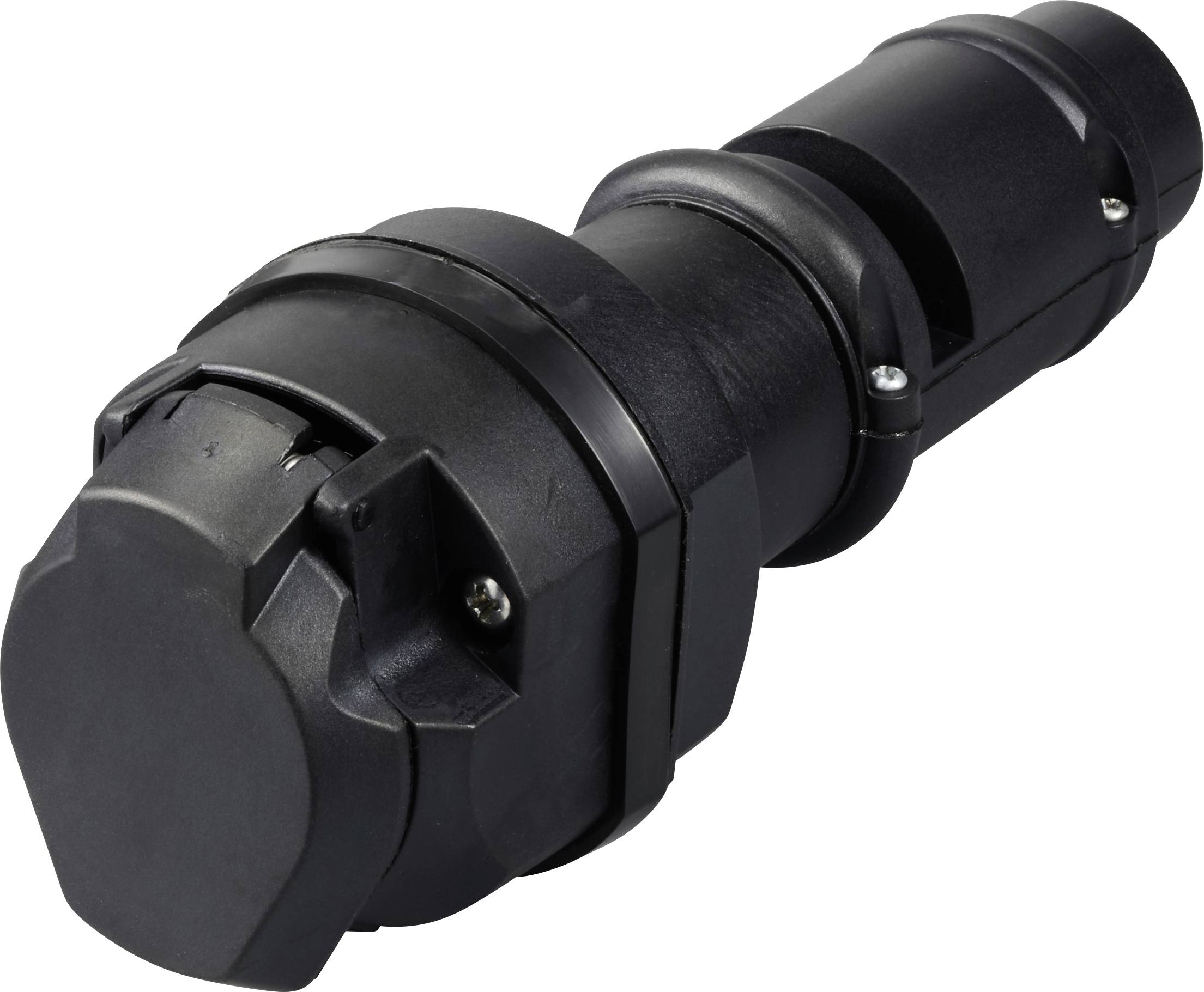 Black electric plug with robust design and multiple grooves, suitable for industrial applications and strong connections.