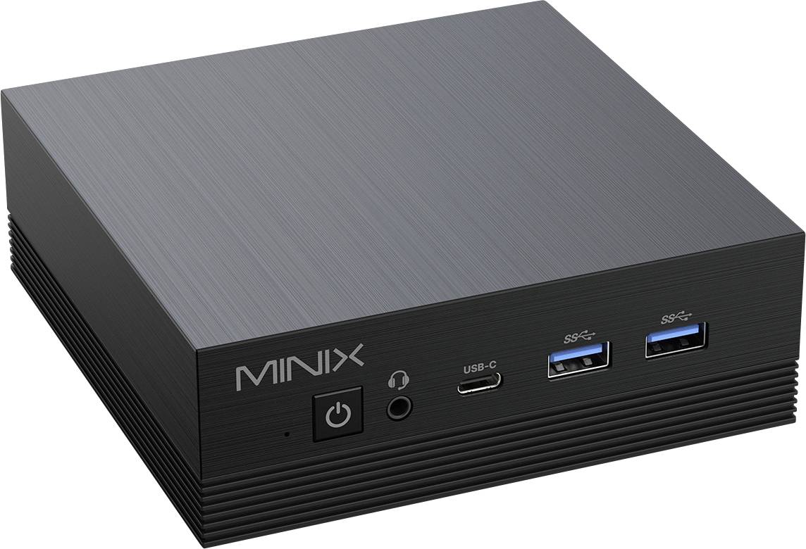 A compact black computer with 'MINIX' written on the front, featuring USB ports and a power button.