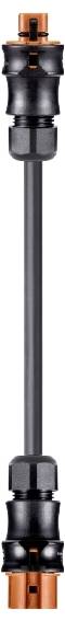 Black and copper-coloured cylindrical adapter with two end pieces connected by a flexible tube.