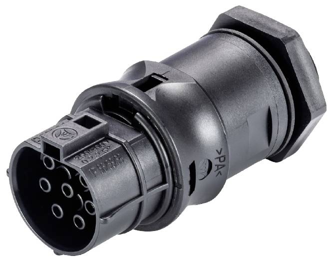 Black, cylindrical multi-contact connector used in electrical applications for secure connections.