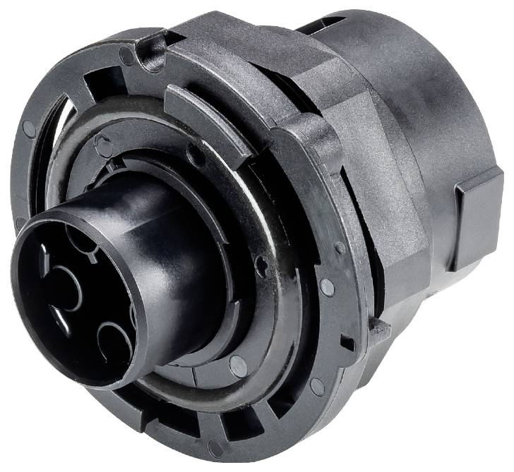 A black and grey, cylindrical electrical connector with multiple terminals, enclosed within a protective housing.