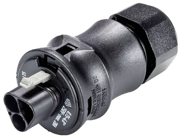 A black, cylindrical electrical connector with two plug openings, suitable for industrial applications.
