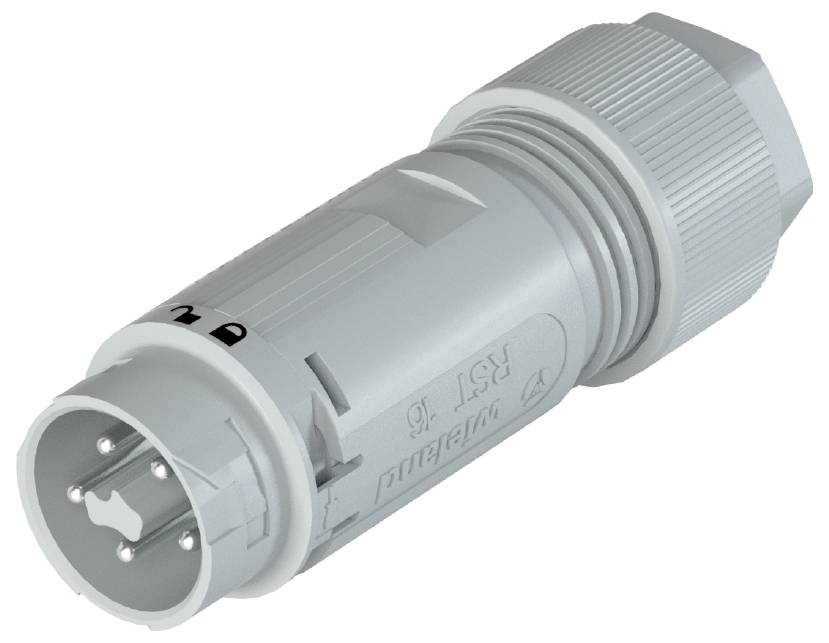 Grey, round multi-pole plug with a ribbed casing, side-printed labelling and multiple pins on the front.
