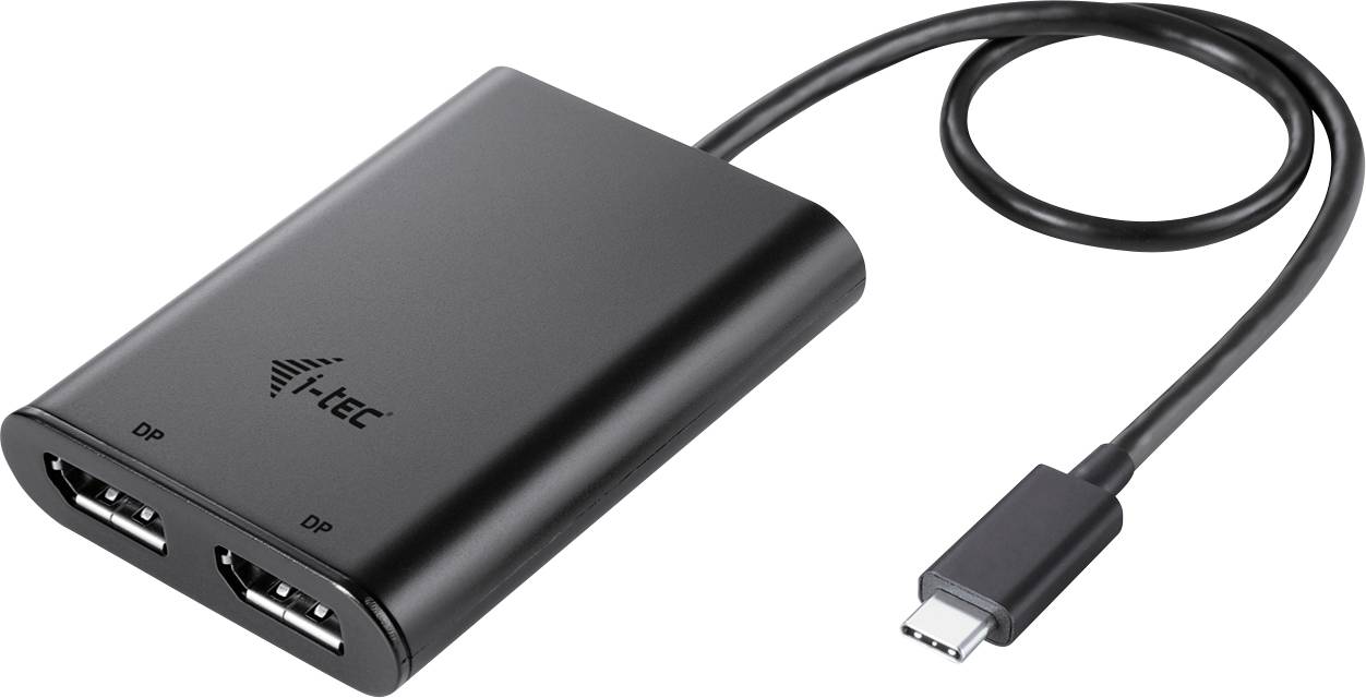 A black and grey adapter with two DisplayPort ports and a USB-C cable. Marked with 'i-tec'.