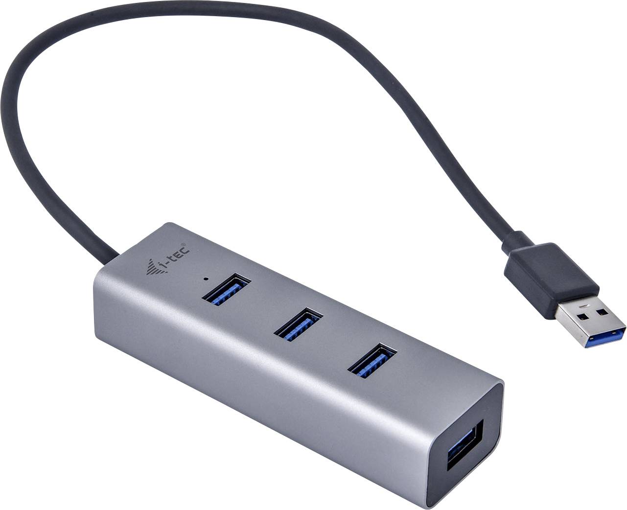 USB hub with four ports in a slim, silver casing, suitable for expanding USB connections on computers.