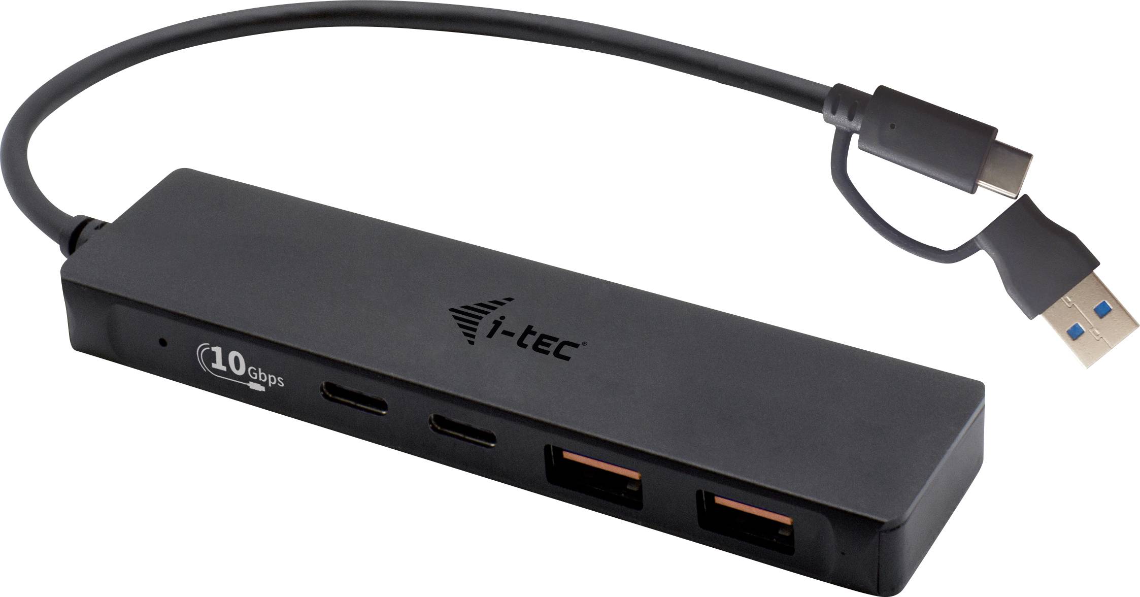 Black USB hub with three USB ports and a USB cable connected to a device. Brand: i-tec.