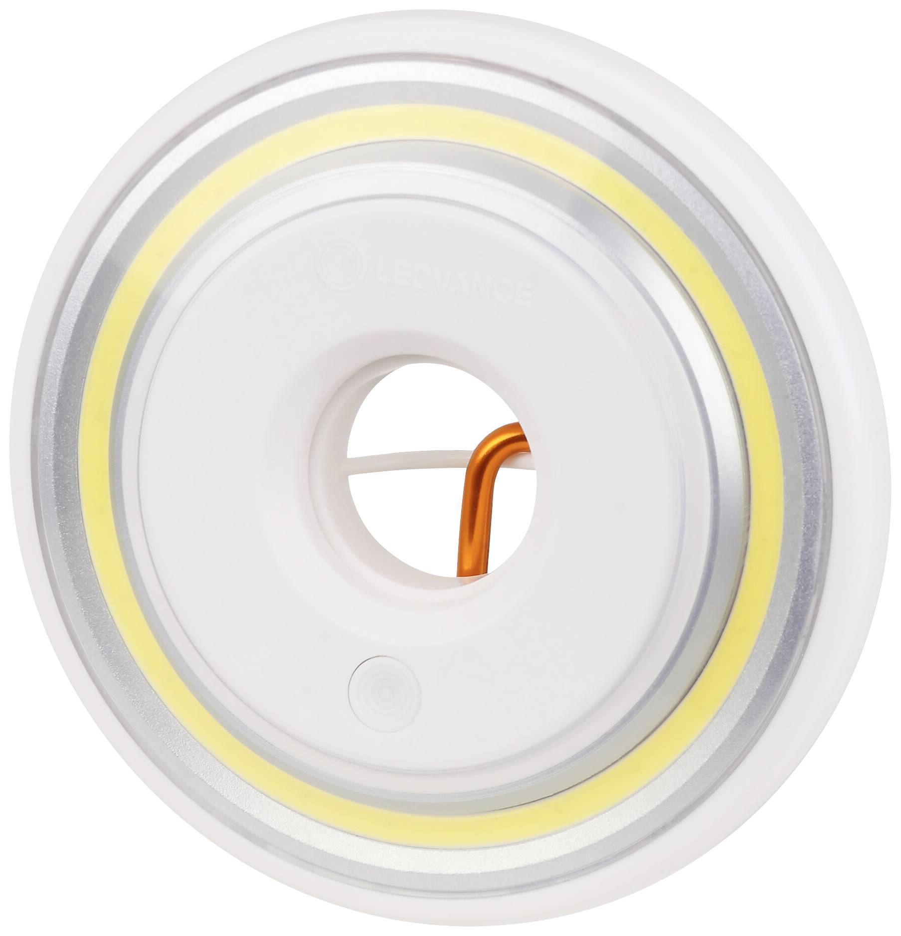 Round LED light with a central hole and orange wire attachment in the middle, surrounded by concentric illumination rings.