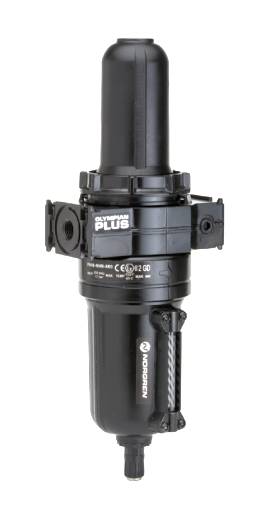 A black, cylindrical Olympia Plus filter by Norgren, showing technical details and connection points, suitable for industrial applications.