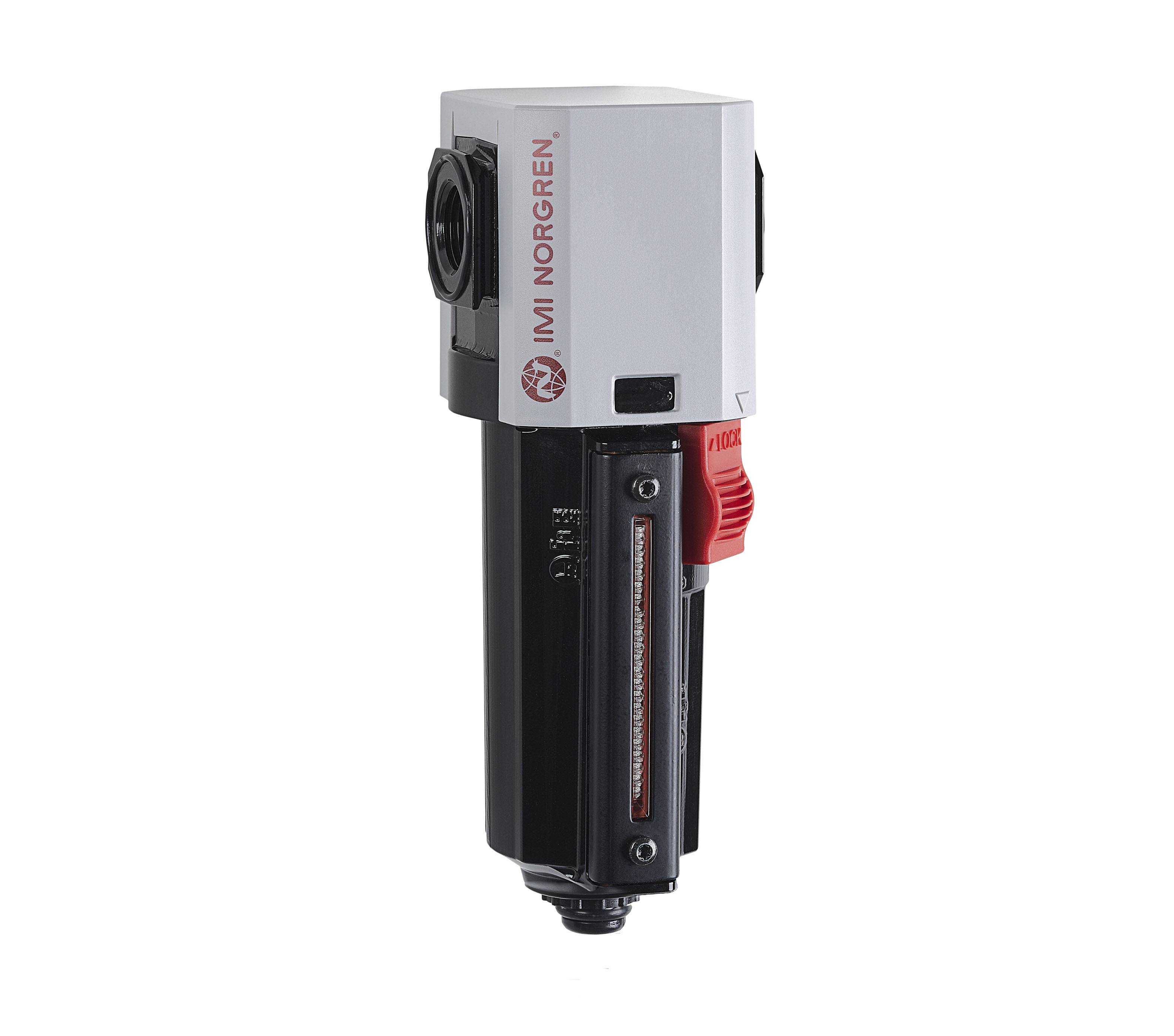IMI NORGREN air preparation unit, grey housing with red lever, for filtering and regulating compressed air in industrial applications.
