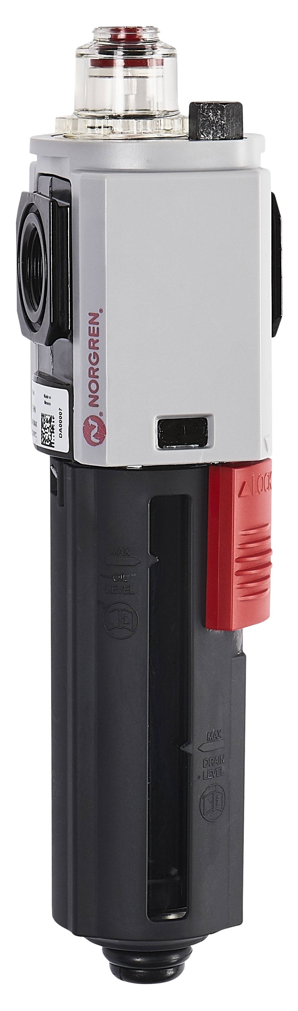 Pressure regulator with integrated pressure gauge and air release valve for controlling air pressure in pneumatic systems.
