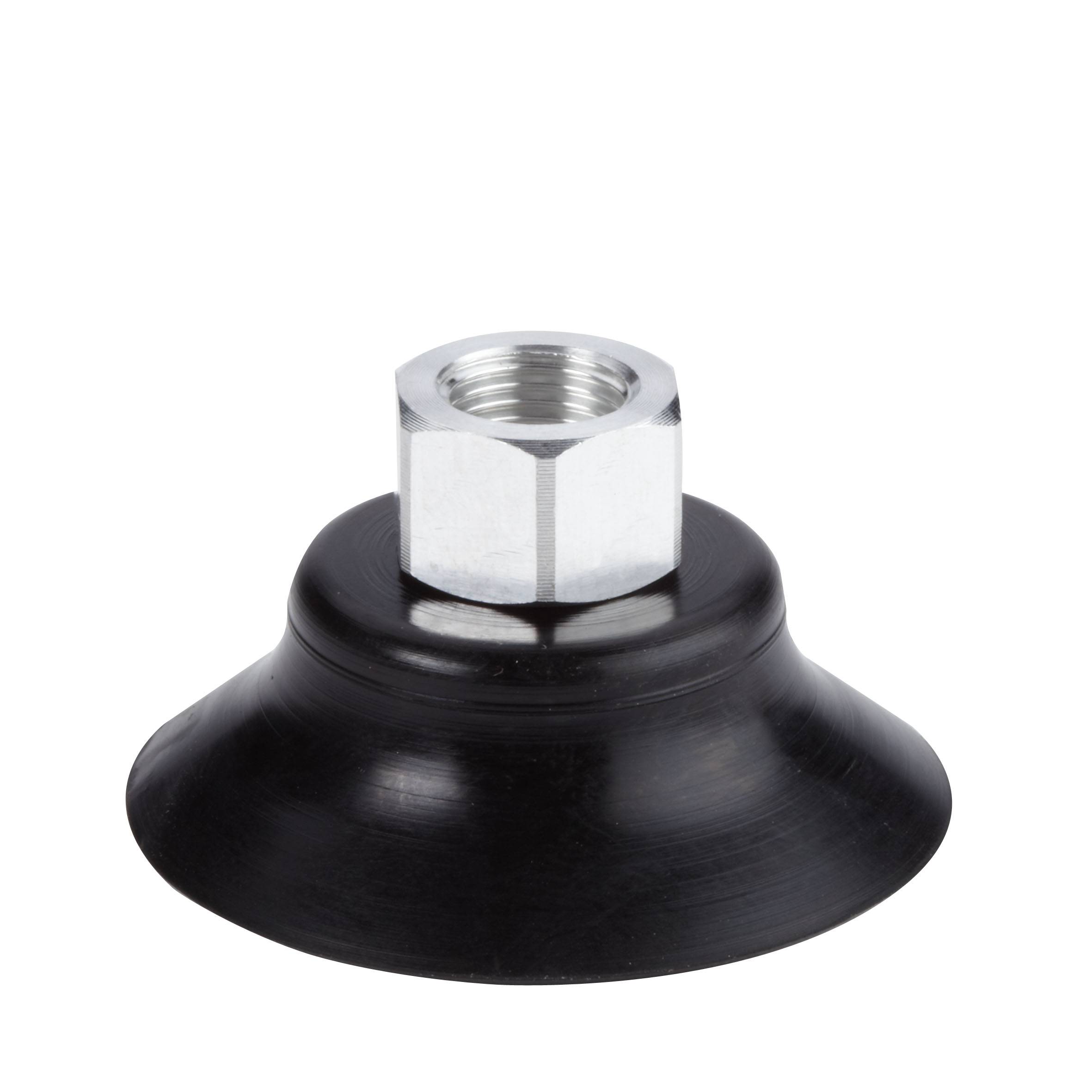 A black suction cup with a grey metal mounting bracket, suitable for industrial vacuum applications.