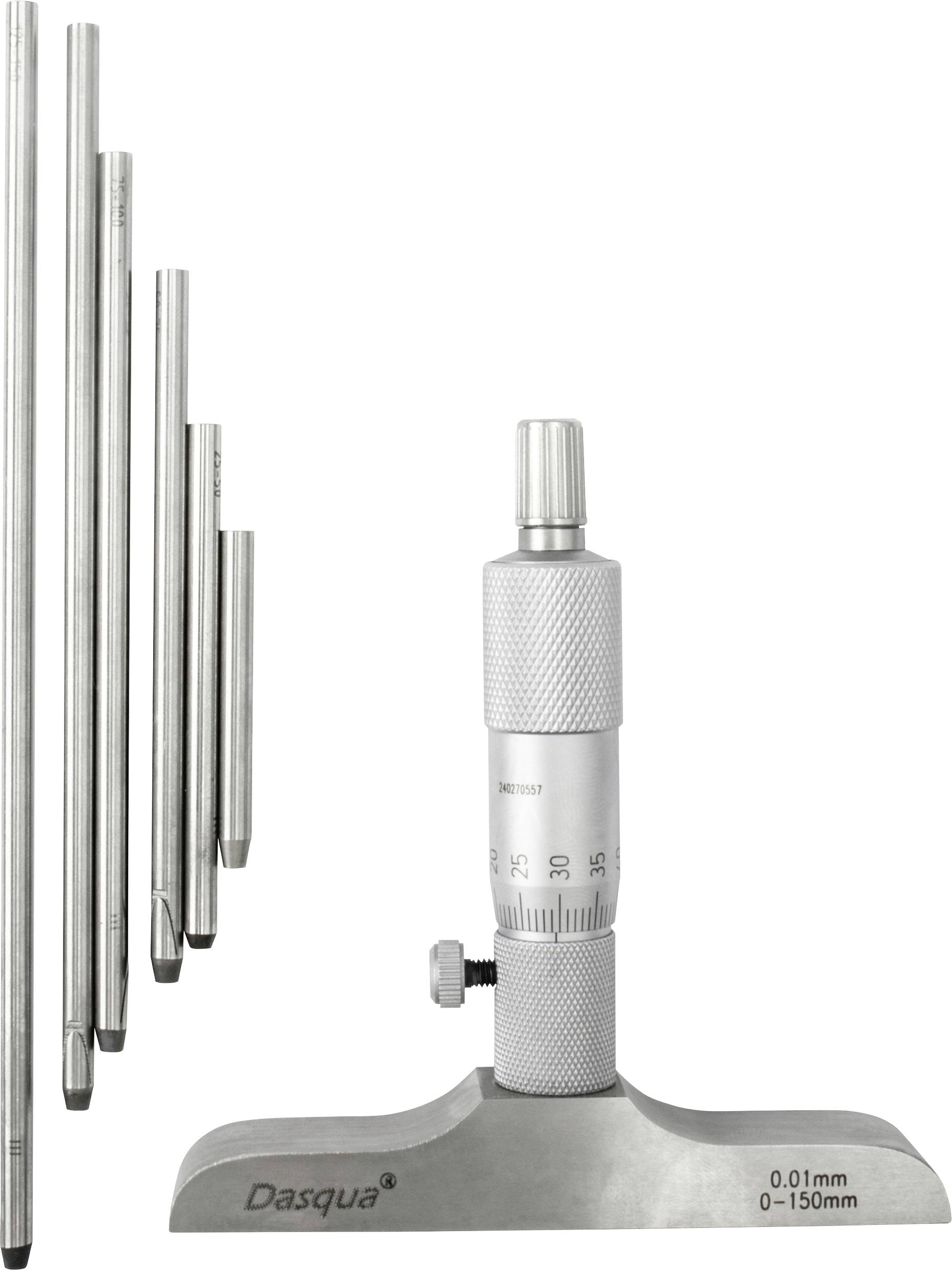 Digital micrometer with hexagonal rods, for precise measurement from 0 to 150 mm, displaying scale in 0.01 mm increments. Brand name below.
