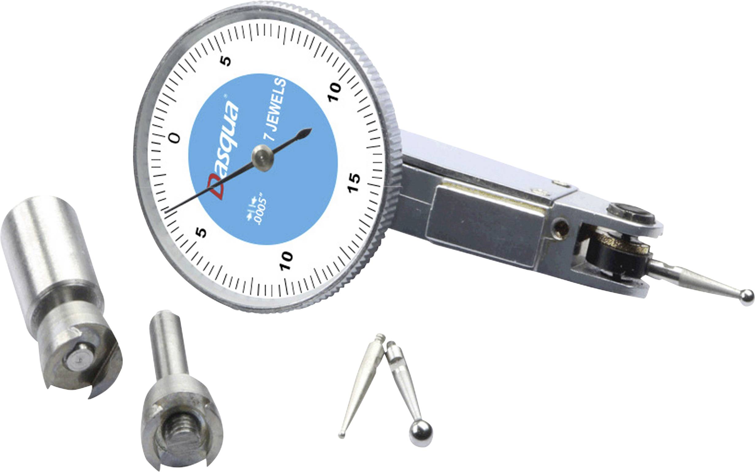 A dial gauge with accessories. It displays 0 to 15 on the dial. Additional measuring tips and inserts are placed beside it.