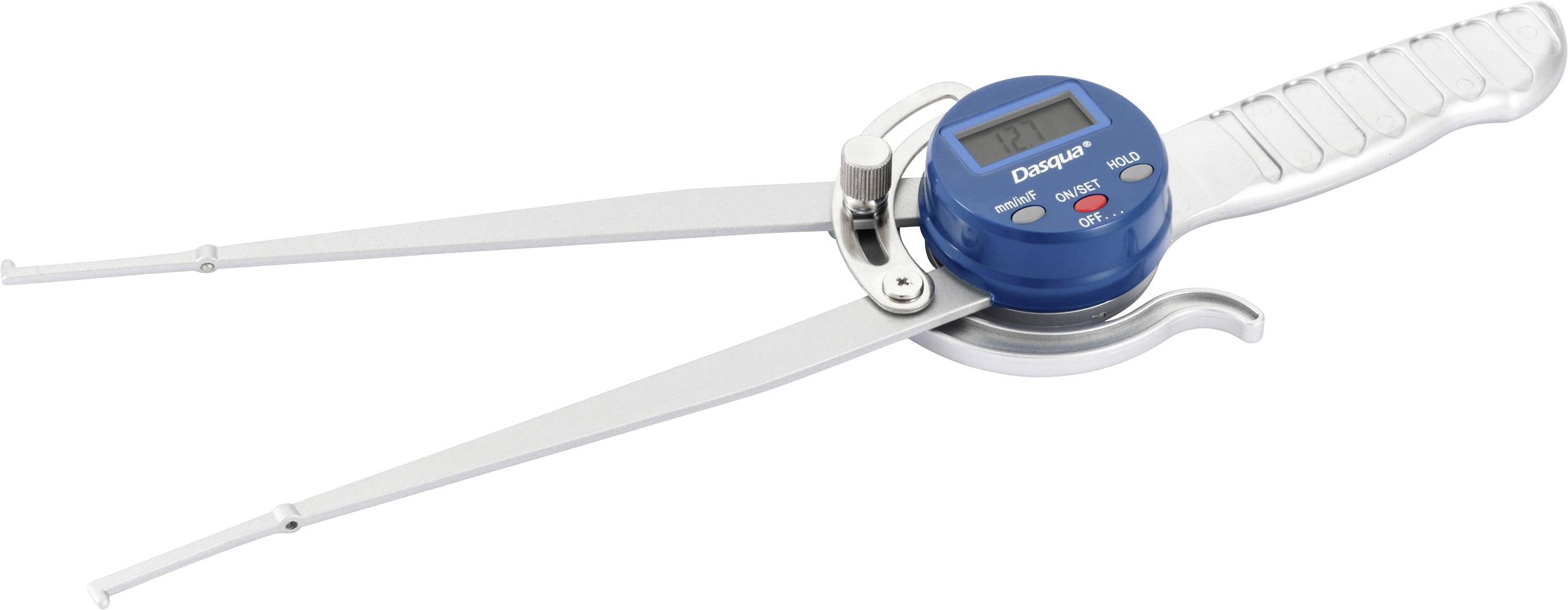 A digital calliper with a blue display, suitable for precise measurement of distances and diameters in technical applications.