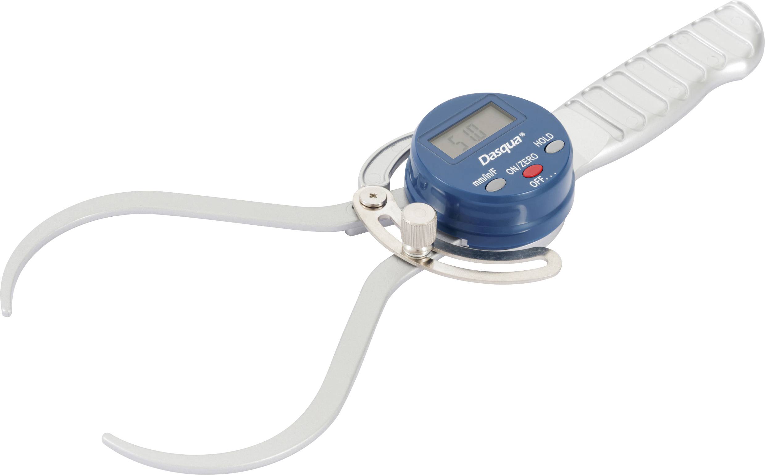 A digital measuring device with two curved prongs and a blue display shows measurements.