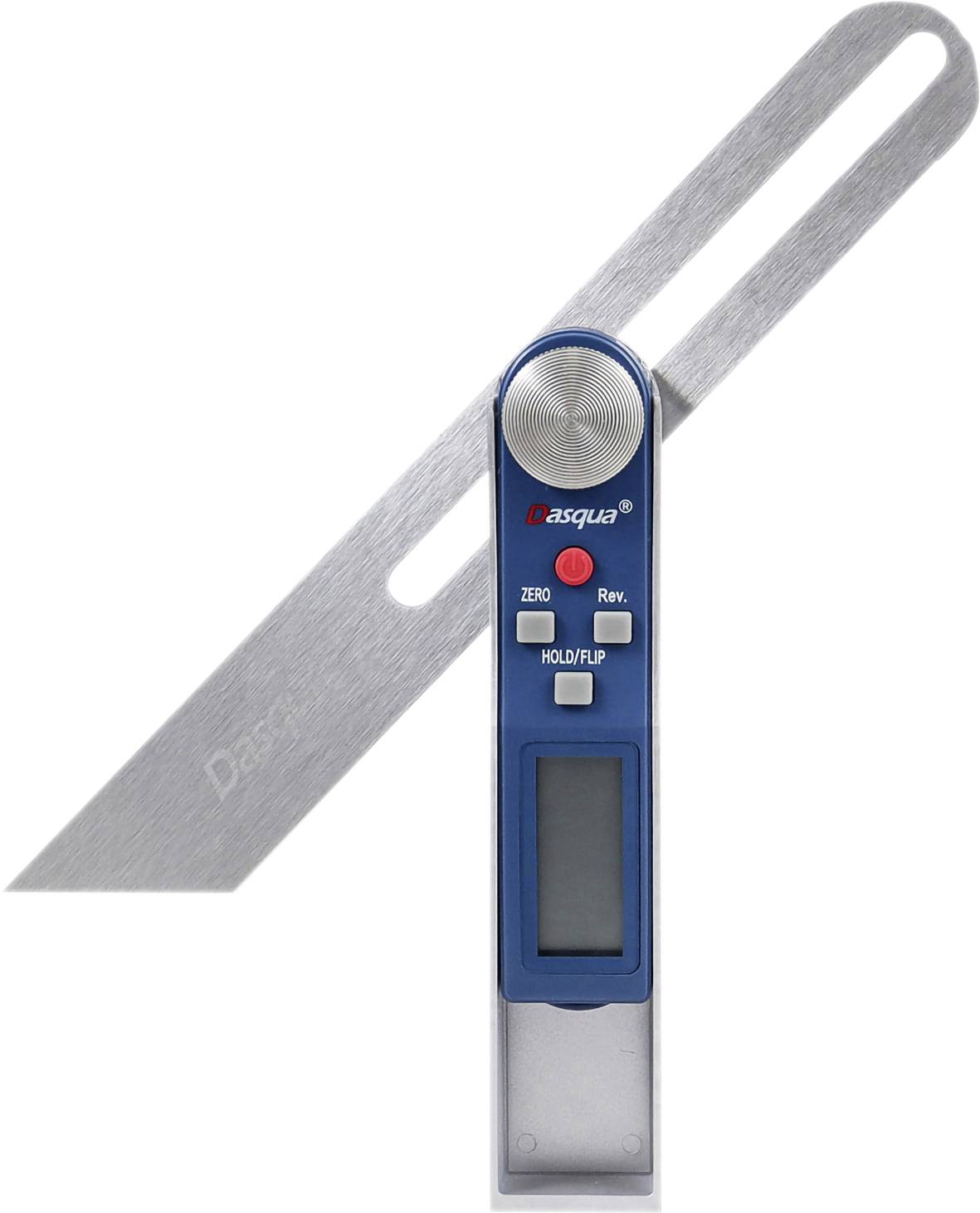 A digital protractor shows a specific angle. The device has a blue casing with a display and buttons for operation.