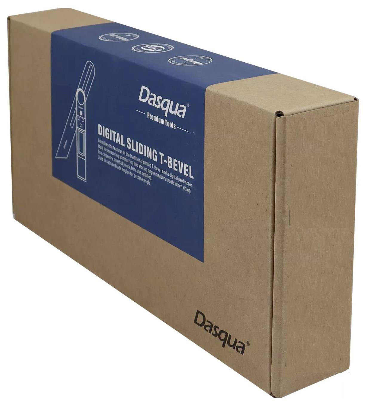 Cardboard packaging with blue inscription 'Dasqua Digital Sliding T-Bevel', showing a digital sliding angle measuring tool.