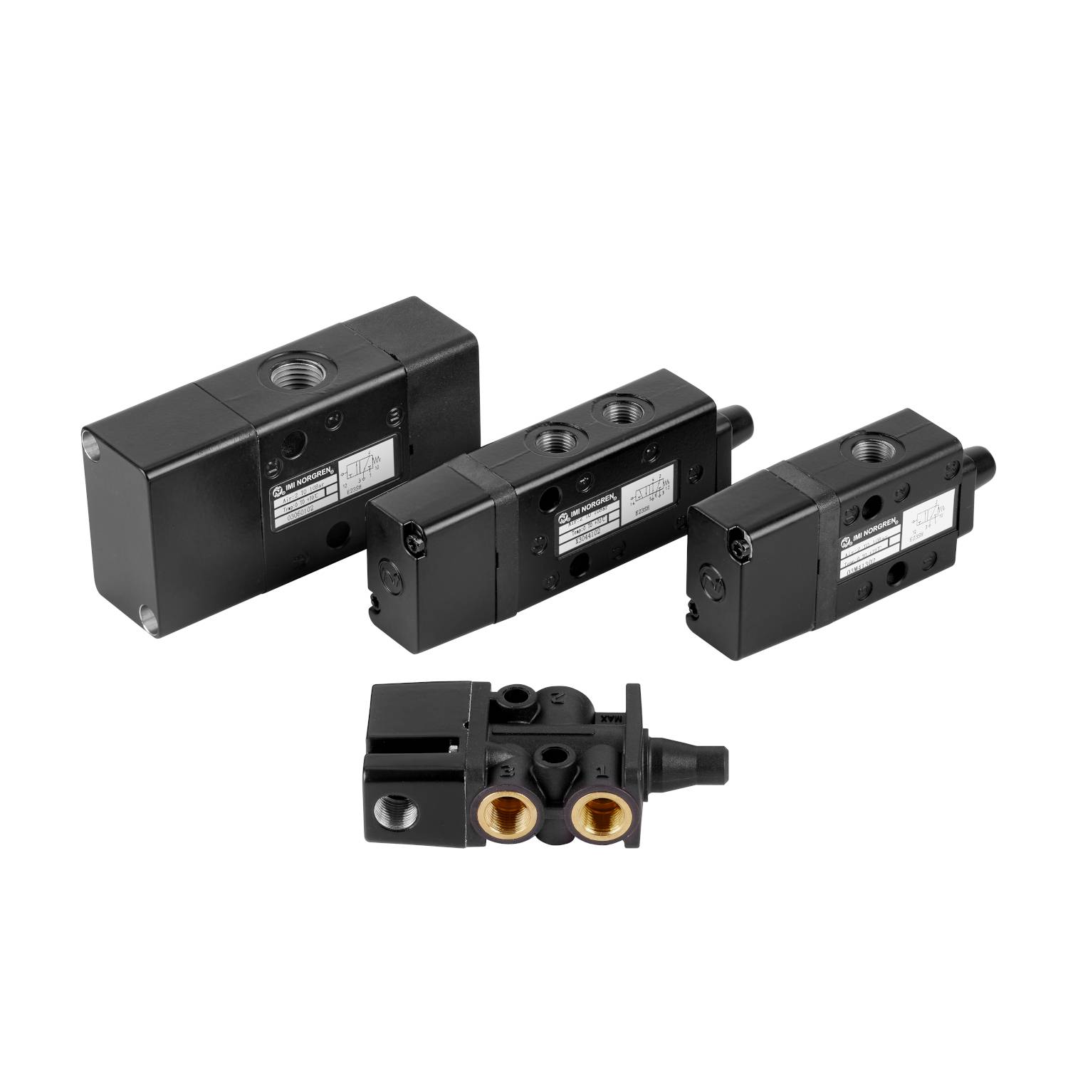 Four black pneumatic valves in various sizes and shapes, positioned side by side on a white background.