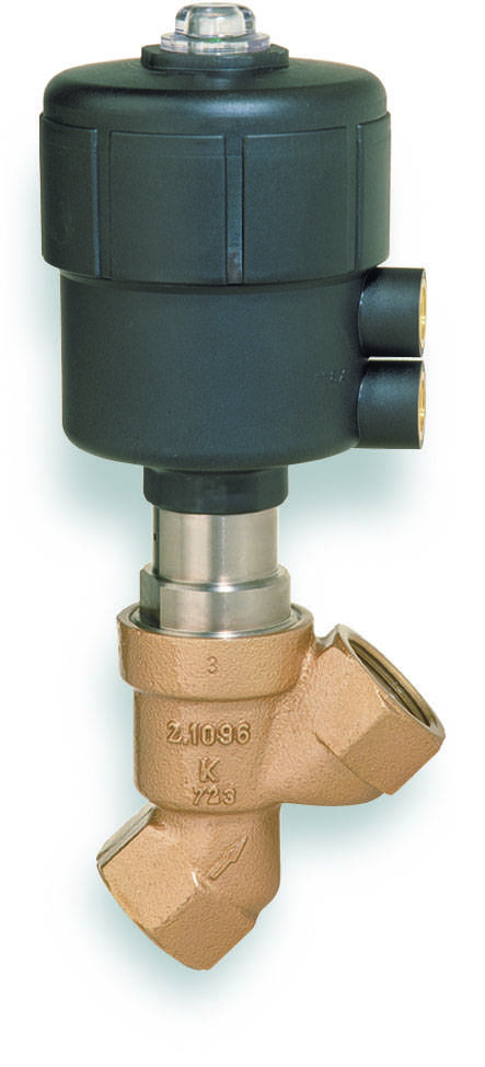 A valve with a black housing and bronze-coloured valve body, commonly used in industrial applications for flow control.