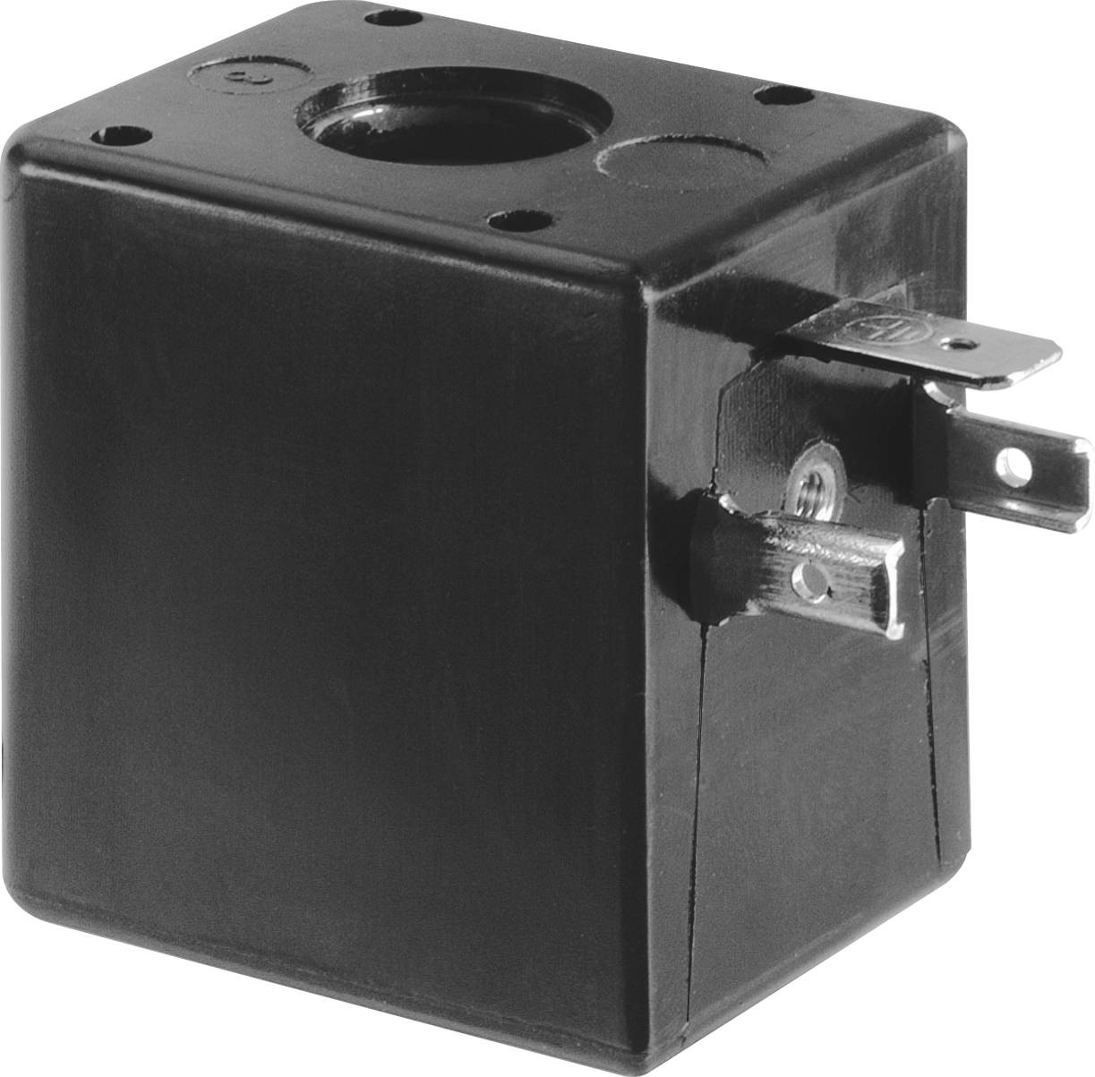 Black square solenoid magnet with two metal terminals on the side, used for controlling mechanical movements in electrical circuits.