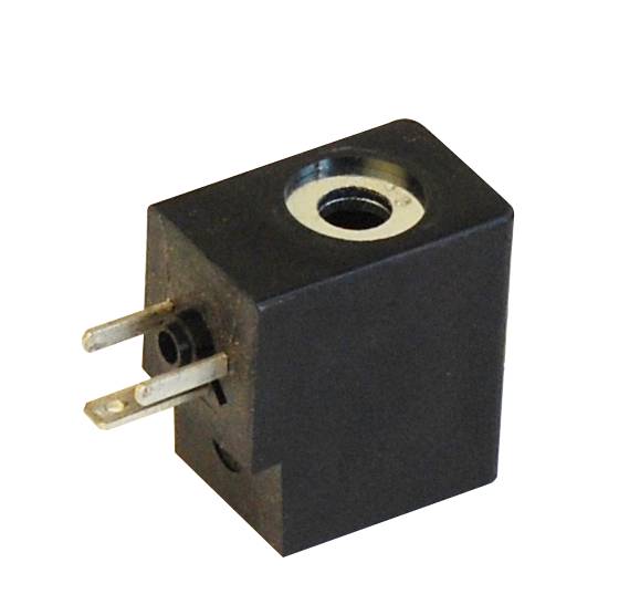 A black, rectangular electromagnetic valve with two metal pins and an opening on top, used for electrical connections.
