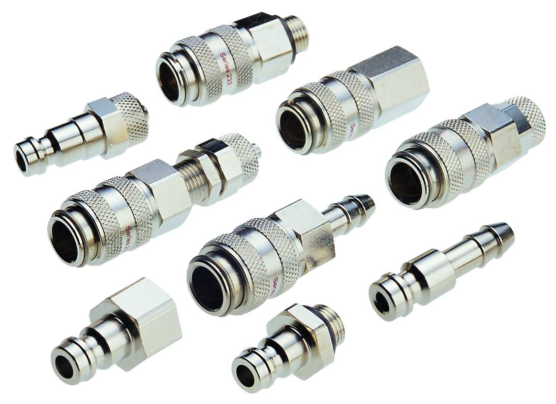 Several pneumatic quick-release couplings and connectors in various sizes and shapes, arranged on a white background.