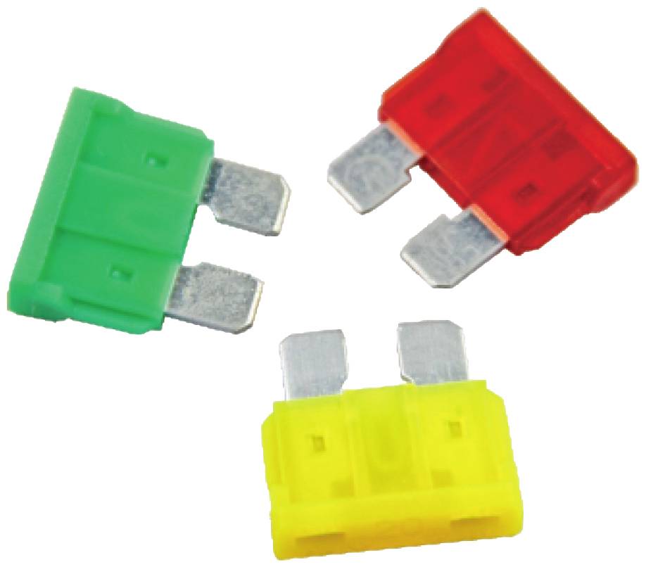 Three flat fuses in different colours: green, red and yellow, on a white background. They have two metal pins.