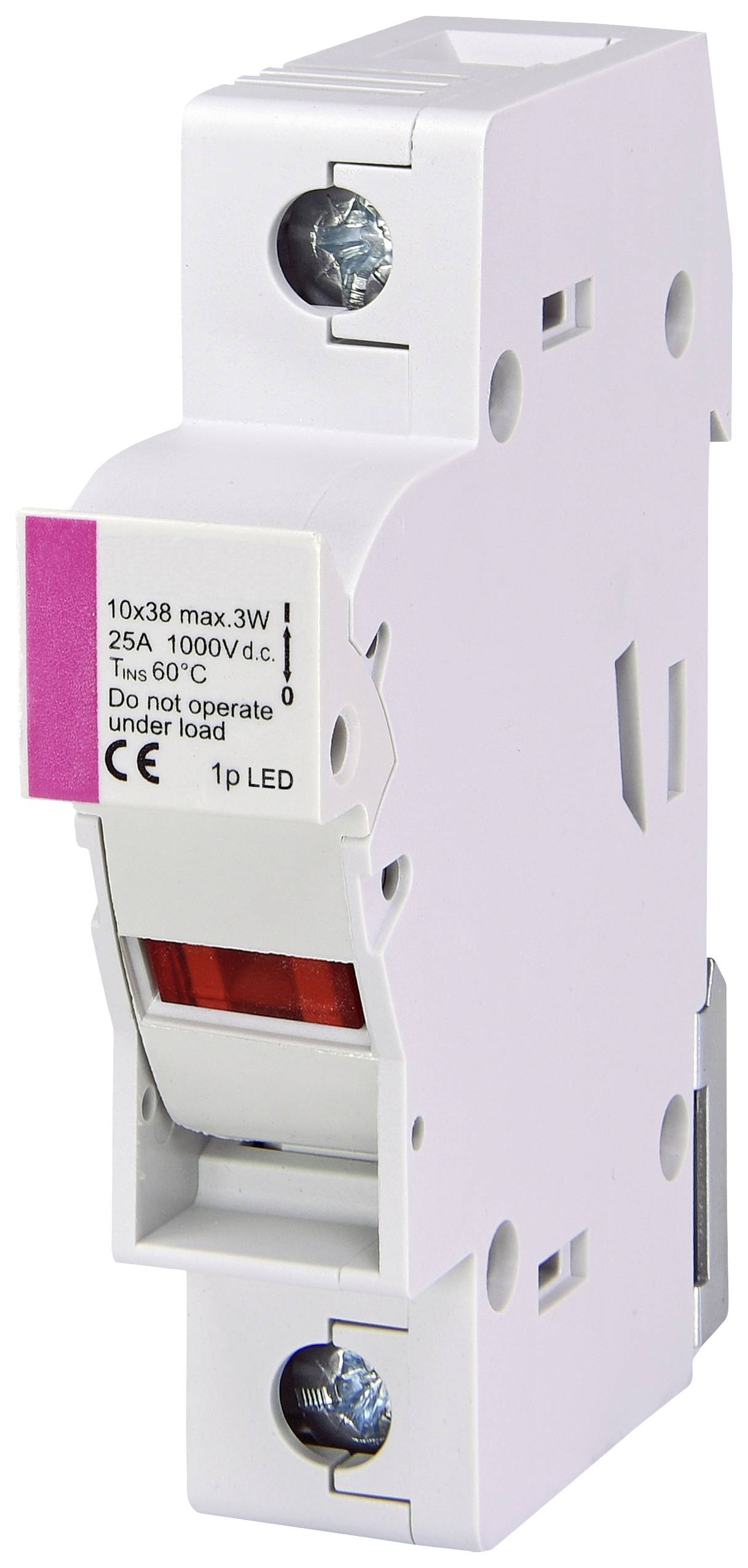 A white circuit breaker with a pink detail and technical inscription. Suitable for electrical applications up to 25A at 1000V.