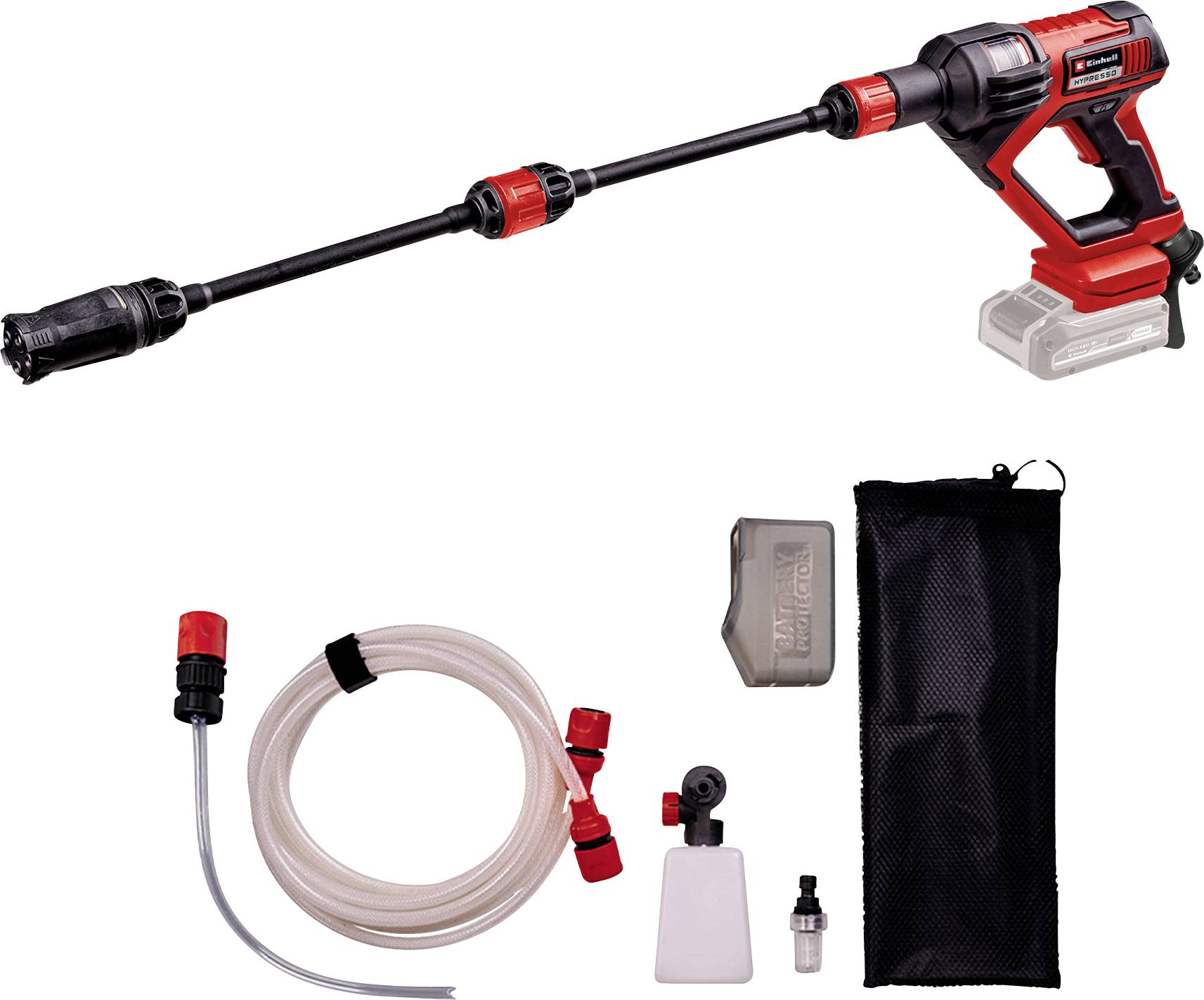 Red cordless pressure washer with long wand, hose, spray bottle, nozzle, battery, and carry bag on a white background.