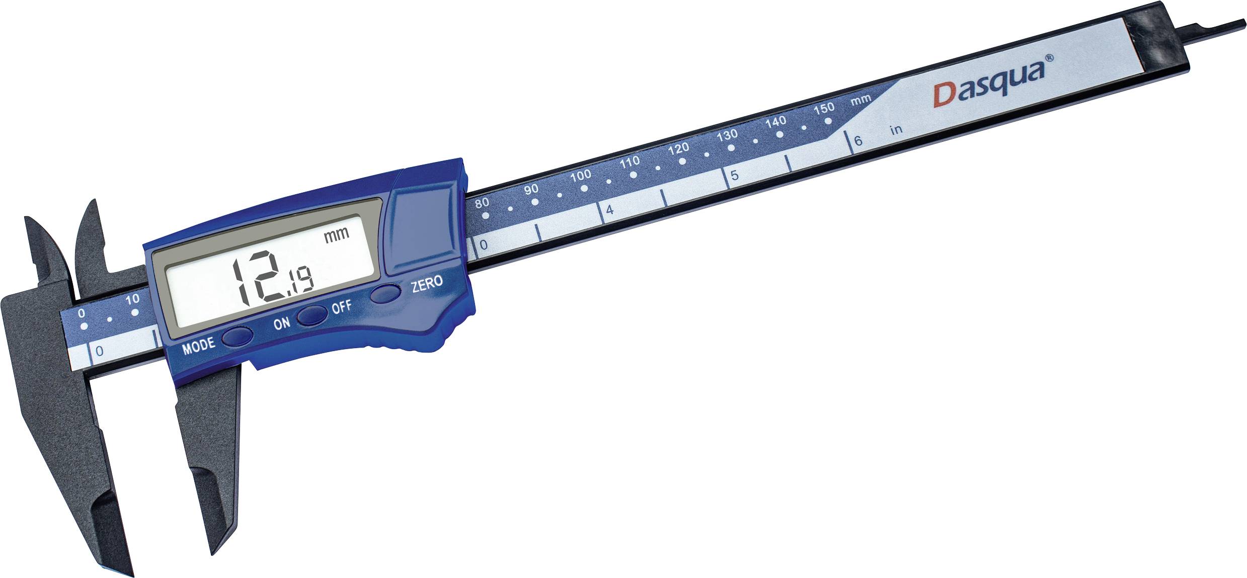 Digital calliper with screen displaying '12.19 mm'. Scale bar underneath, brand name in top right corner. Precision measuring tool.