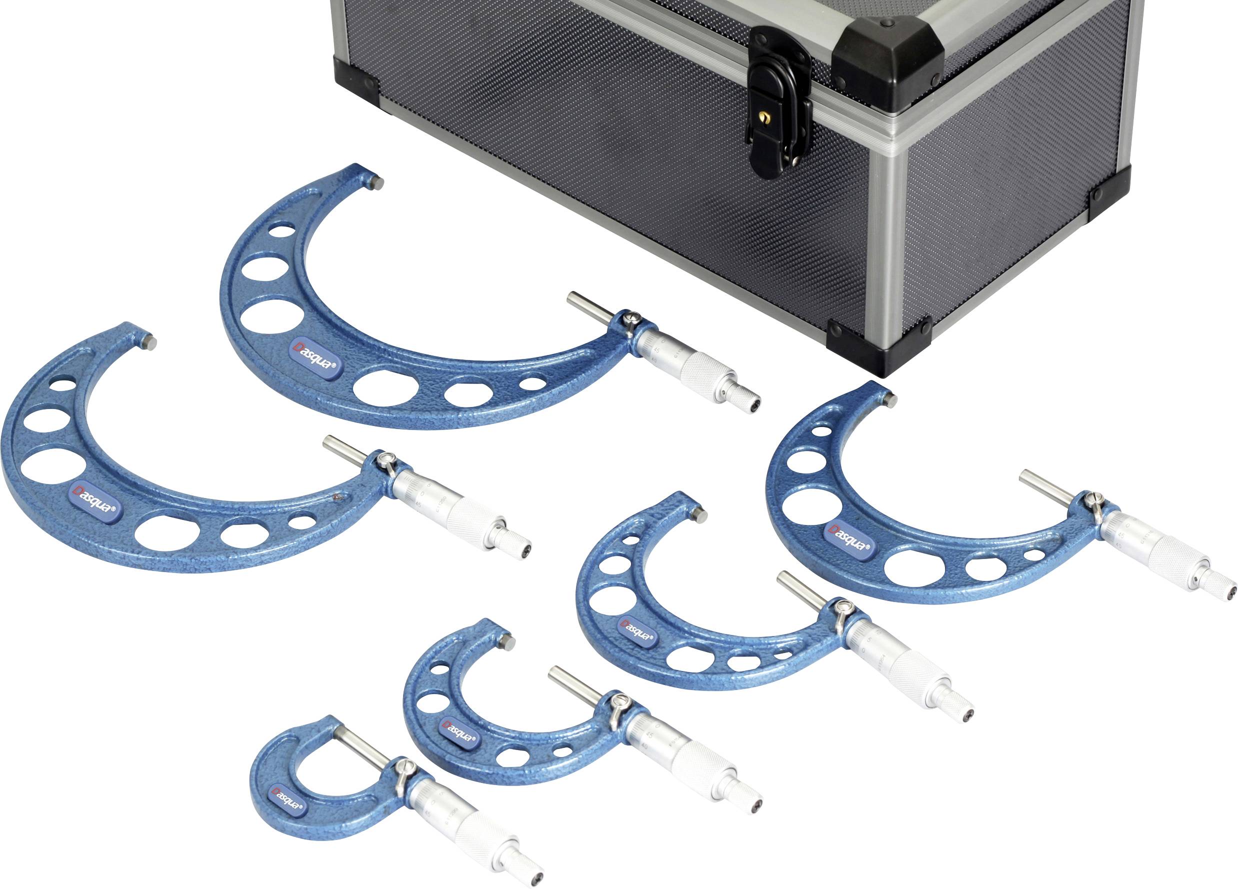 Set of micrometres in various sizes in front of a silver case.