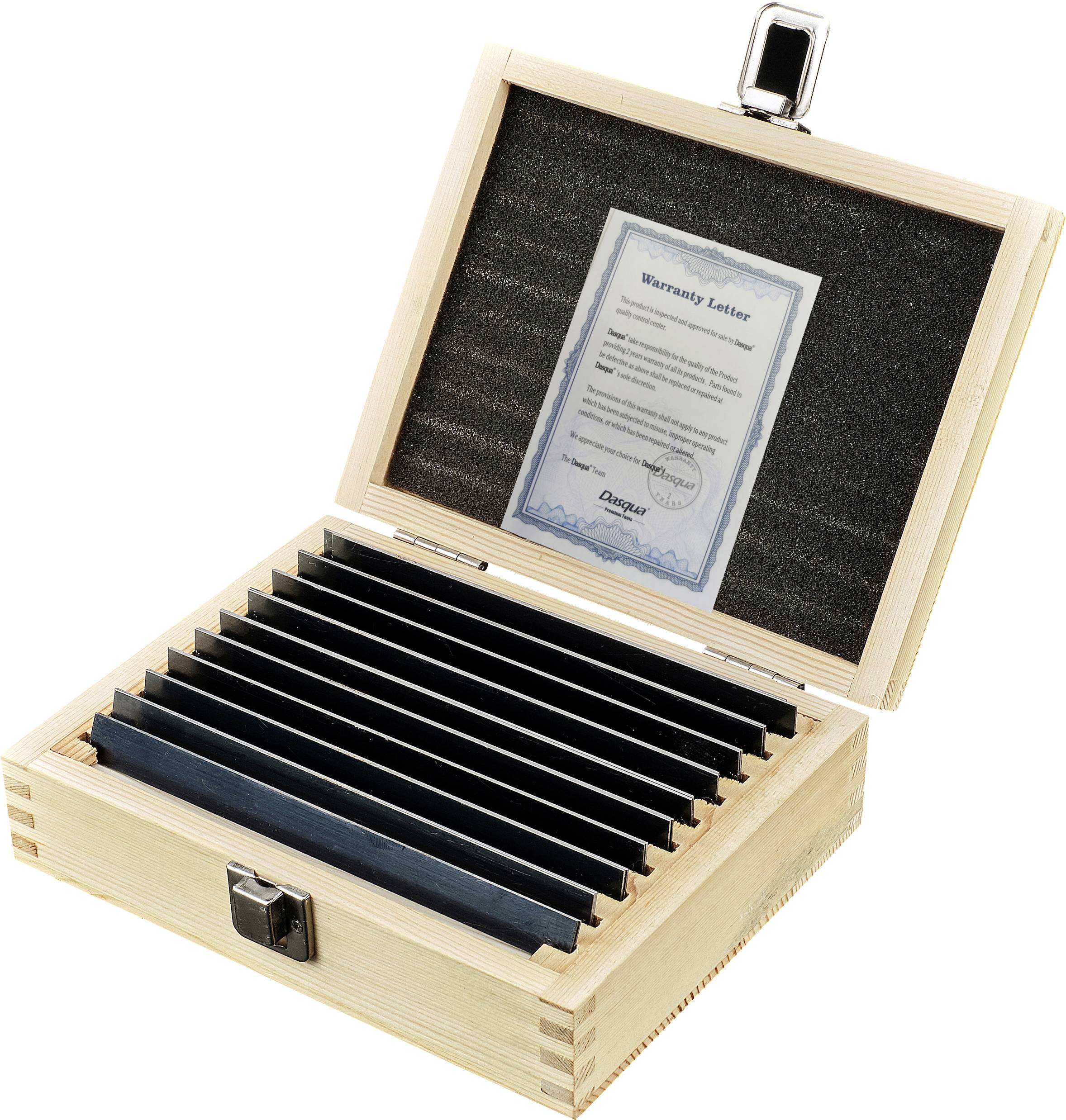 Wooden box with hinges, open with stacked plates and a guarantee certificate affixed to the lid. A catch lock at the front.