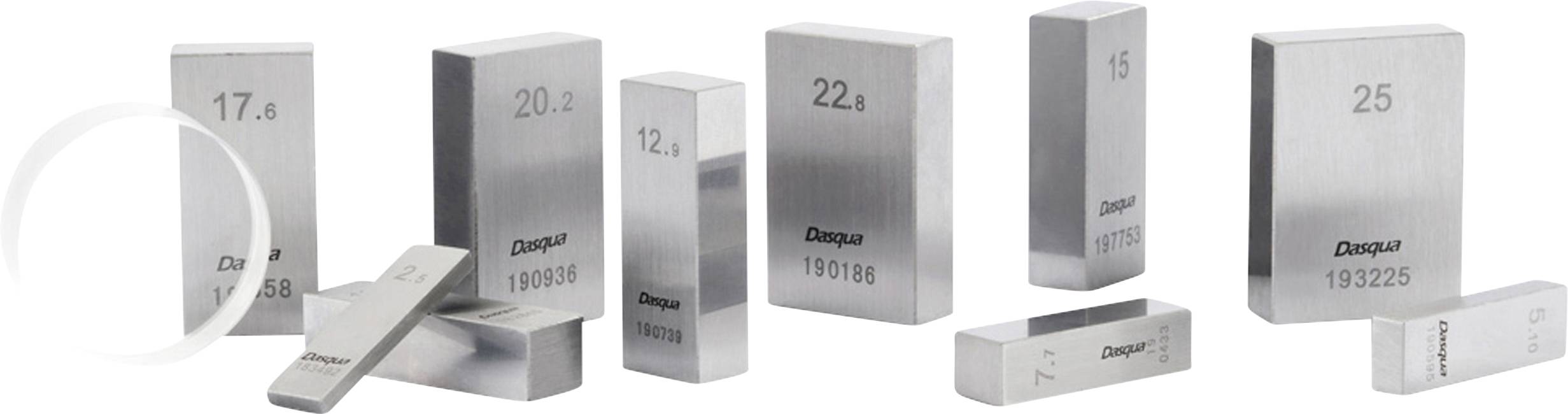 Several rectangular metal blocks with numbers and the DaXqua logo, presumably measuring instruments, are standing and lying on a white background.