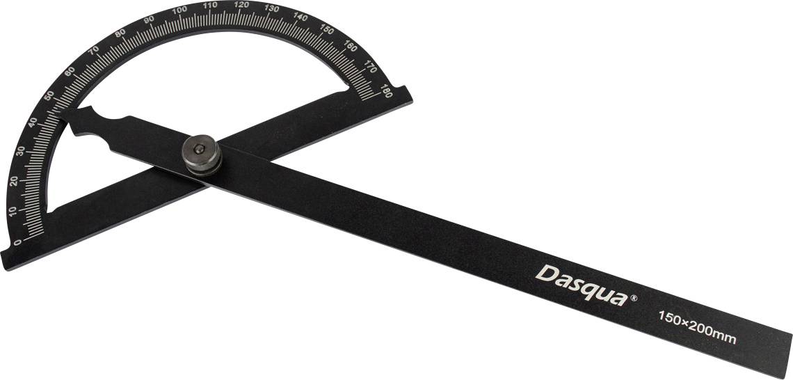 Black angle gauge with measuring scale, rotatable arm and 'Dasqua' inscription, for precise angle measurement up to 200 mm.