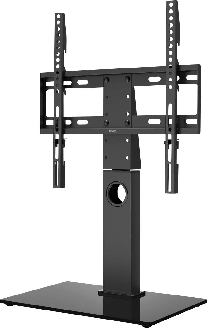 Black TV stand with adjustable mounting bracket, rectangular glass base. Suitable for flat-screen televisions.