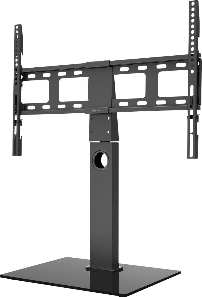 A black TV stand with an adjustable height mount, suitable for large screens, sits on a sturdy glass base.
